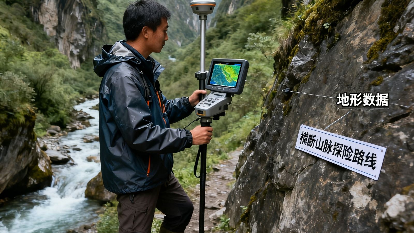 探险路线定制——专业探险顾问在横断山脉峡谷中徒步考察，使用专业设备记录地形数据