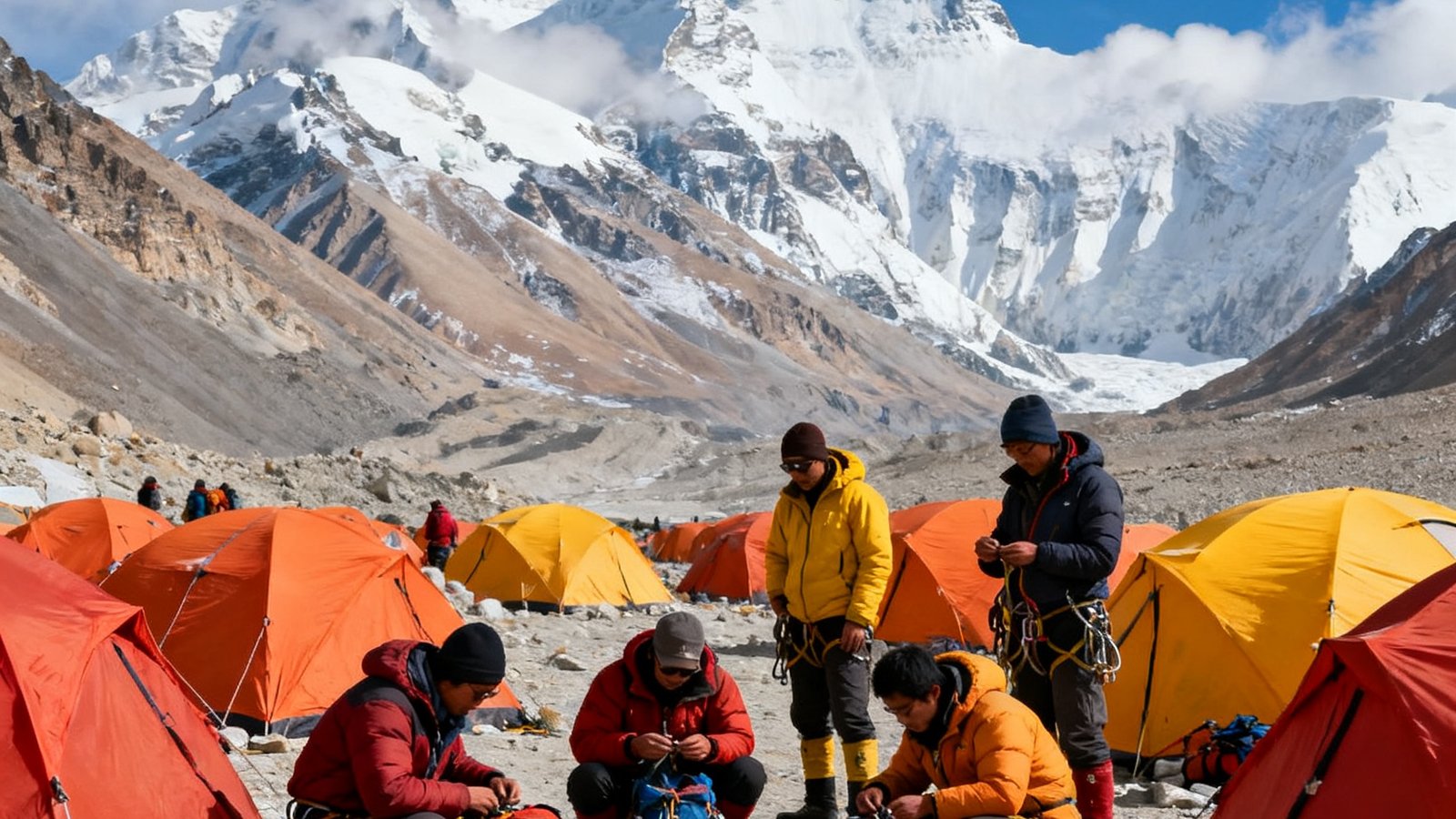 珠峰北坡登山队在大本营帐篷区集结，队员们正在检查装备，背景是壮观的珠穆朗玛峰